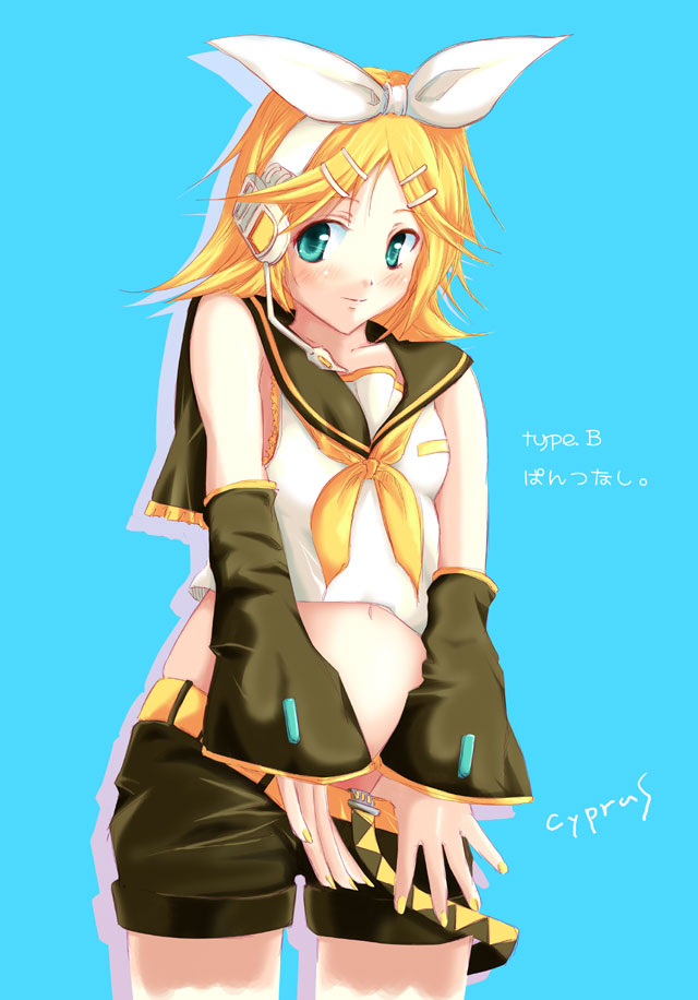 cyprus (circle), kagamine rin, vocaloid, 1girl, aqua eyes, artist name, bare shoulders, belt, black shorts, blonde hair, blue background, breasts, closed mouth, clothes pull, collarbone, cowboy shot, detached sleeves, female focus, headset, looking at viewer, nail polish, navel, neckerchief, no panties, parted bangs, pulling own clothes, school uniform, see-through clothes, serafuku, shirt, short hair, short sleeves, shorts, shorts pull, simple background, sleeveless, sleeveless shirt, small breasts, smile, solo, standing, stomach, white shirt, yellow nails, yellow neckerchief