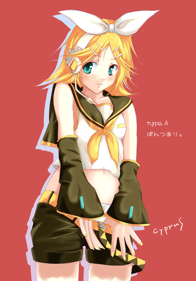 cyprus (circle), kagamine rin, vocaloid, 1girl, aqua eyes, artist name, bare shoulders, belt, black shorts, blonde hair, breasts, closed mouth, clothes pull, collarbone, cowboy shot, detached sleeves, female focus, headset, looking at viewer, nail polish, navel, neckerchief, no panties, panties, parted bangs, pulling own clothes, red background, school uniform, see-through clothes, serafuku, shirt, short hair, short sleeves, shorts, shorts pull, simple background, sleeveless, sleeveless shirt, small breasts, smile, solo, standing, stomach, underwear, white panties, white shirt, yellow nails, yellow neckerchief