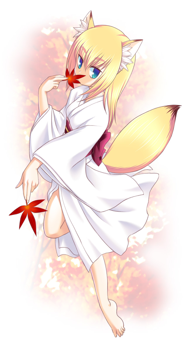 tanuki yousuke, original, highres, 1girl, animal ears, barefoot, blonde hair, blue eyes, dual wielding, feet, female focus, flat chest, fox ears, fox tail, holding, japanese clothes, kimono, leaf, leg up, long hair, nature, obi, sash, solo, tail