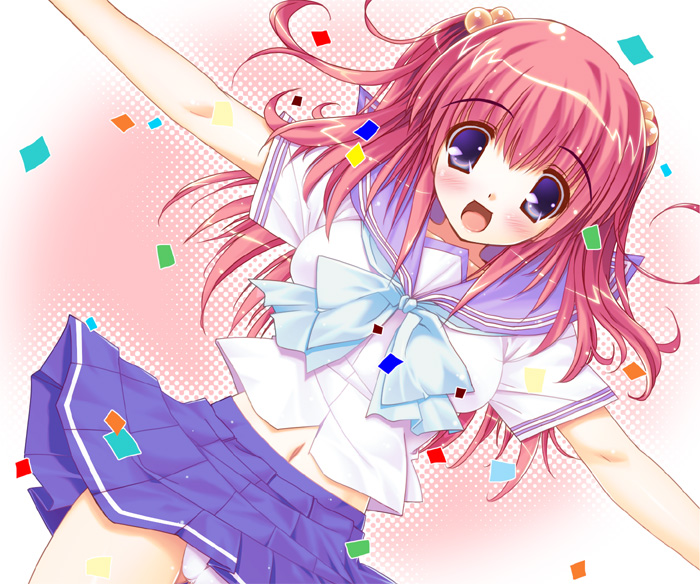 yuki usagi, himemiya arisu, pastel (game), panties, pantyshot, pink hair, purple eyes, school uniform, serafuku, solo, twintails, underwear