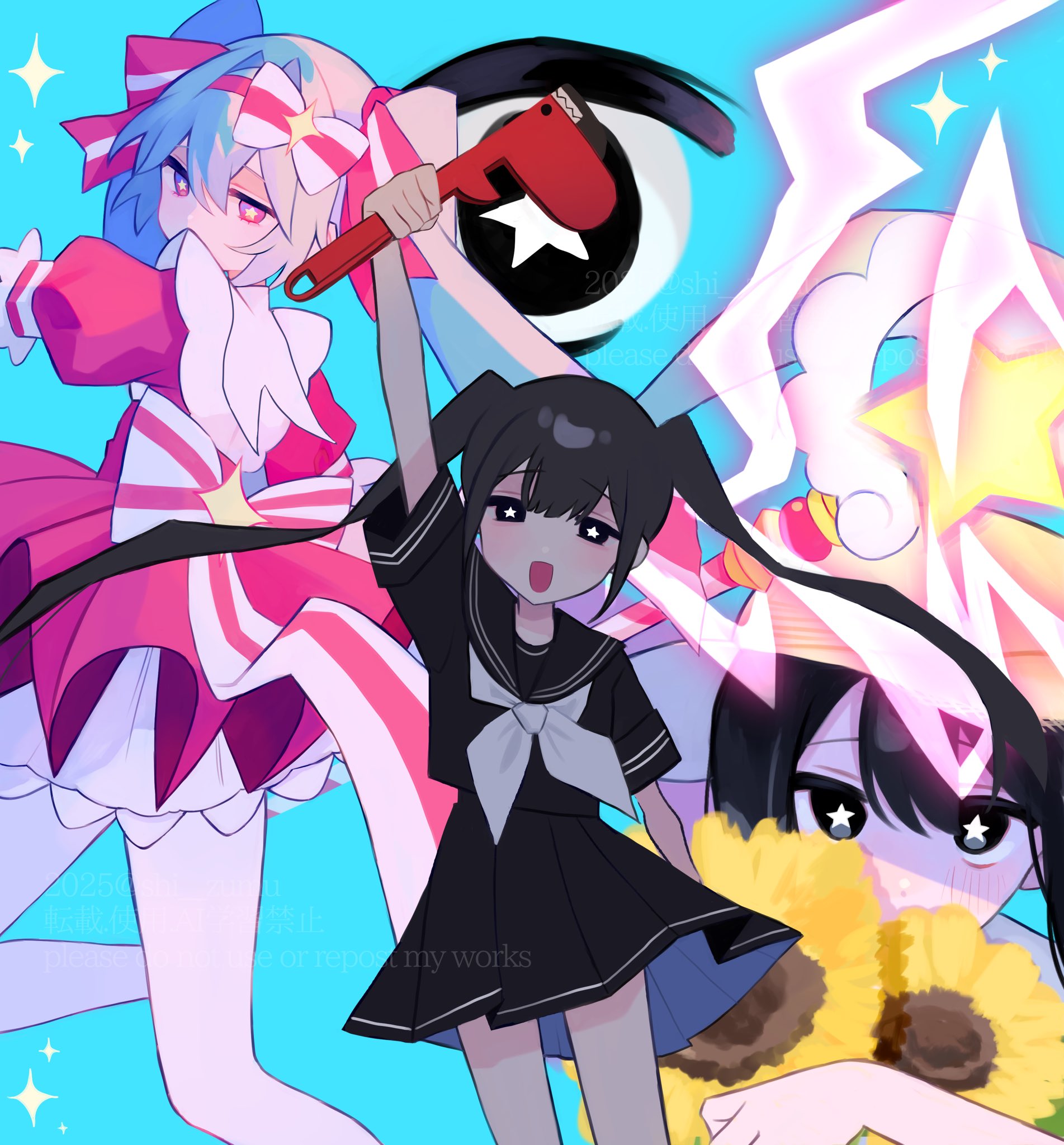 shizumu (shi zumu), hatsune miku, vocaloid, commentary request, highres, 2girls, :d, arm up, back bow, black sailor collar, black serafuku, black shirt, black skirt, blue background, blue hair, blue skirt, bow, bright pupils, covered mouth, cowboy shot, double-parted bangs, dress, electricity, feet out of frame, flower, hair between eyes, hair bow, hair intakes, high-waist skirt, holding, holding flower, holding wrench, ima sugu rinne (vocaloid), looking at viewer, miniskirt, multiple girls, neckerchief, open mouth, pantyhose, petticoat, pink bow, pink dress, pink eyes, pleated skirt, puffy short sleeves, puffy sleeves, sailor collar, scepter, school uniform, serafuku, shirt, short dress, short sleeves, simple background, skirt, smile, sparkle, standing, star-shaped pupils, star (symbol), striped bow, sunflower, symbol-shaped pupils, twintails, two-sided fabric, two-sided skirt, two-tone bow, watermark, white bow, white neckerchief, white pantyhose, white pupils, wrench, yellow pupils