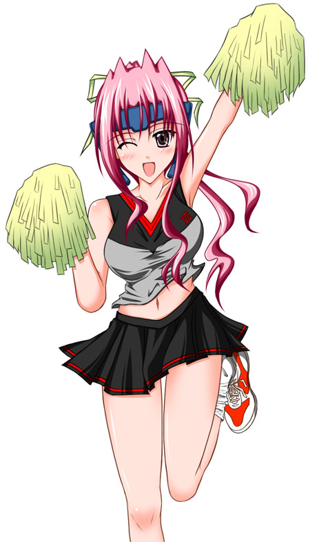 numbers (nanoha), sette (nanoha), lyrical nanoha, mahou shoujo lyrical nanoha, mahou shoujo lyrical nanoha strikers, 00s, 1girl, blush, cheerleader, female focus, long hair, midriff, miniskirt, one eye closed, pink eyes, pink hair, pom pom (cheerleading), skirt, solo, wink
