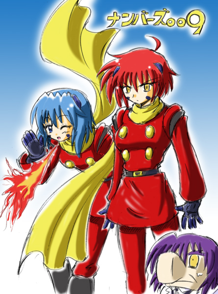 jail scaglietti, nove (nanoha), numbers (nanoha), sein (nanoha), cyborg 009, lyrical nanoha, mahou shoujo lyrical nanoha, mahou shoujo lyrical nanoha strikers, eyebrows, 1960s (style), 1970s (style), 3girls, cosplay, cyborg, multiple girls, oldschool, parody, retro artstyle, scarf