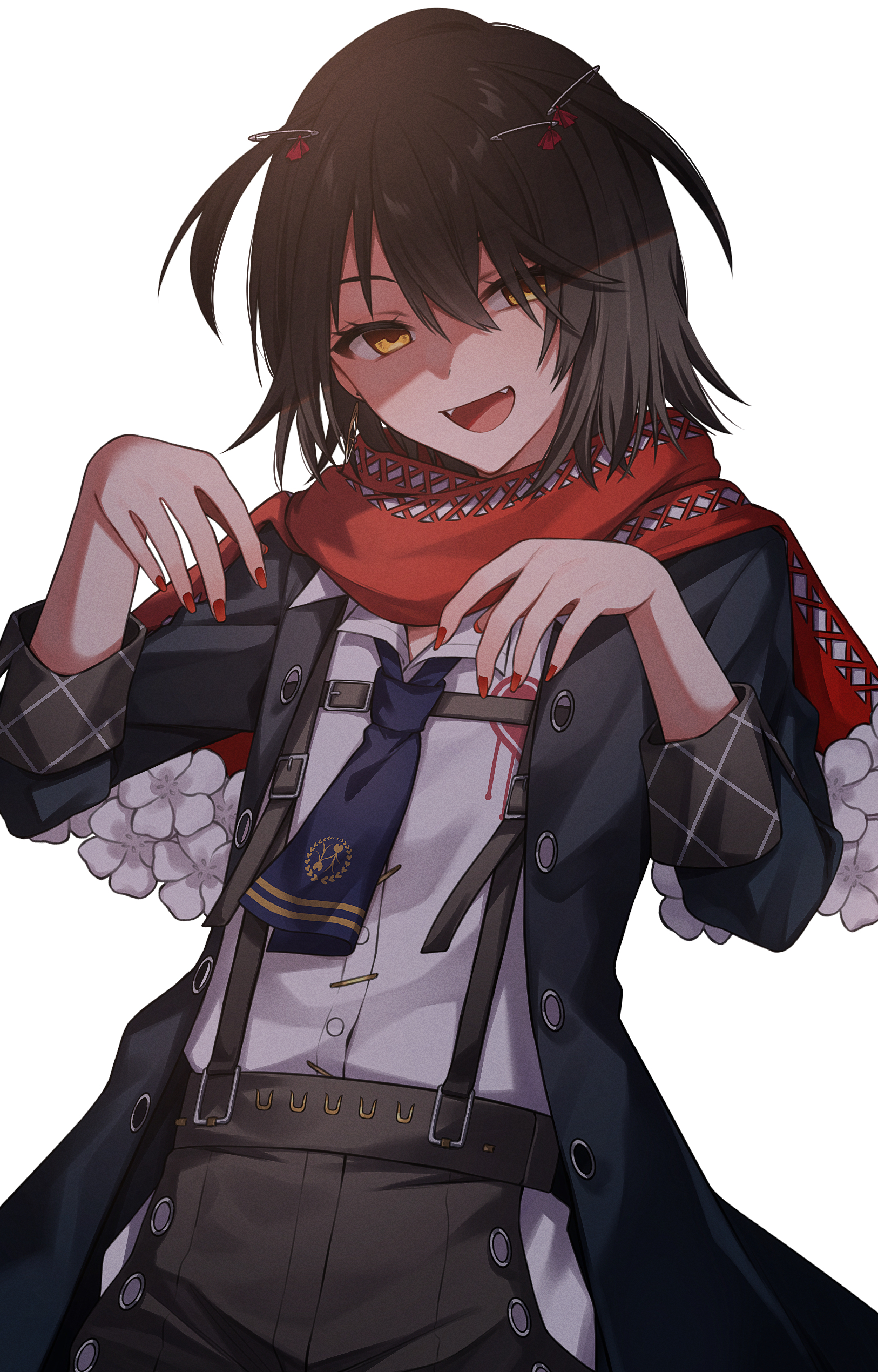 easy-0426, mashiro meme, mashiro meme (1st costume), nijisanji, absurdres, commentary request, highres, 1boy, black coat, black hair, black pants, coat, fangs, looking at viewer, male focus, nail polish, open mouth, pants, red nails, safety pin hair ornament, shirt, short hair, simple background, smile, solo, suspenders, two side up, virtual youtuber, white background, white shirt, yellow eyes