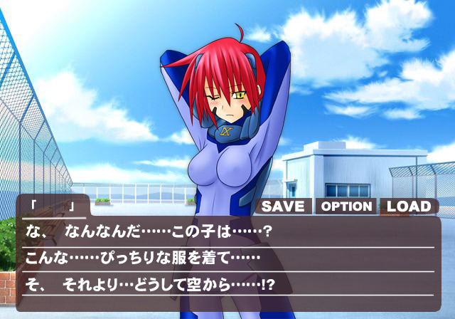 nove (nanoha), numbers (nanoha), lyrical nanoha, mahou shoujo lyrical nanoha, mahou shoujo lyrical nanoha strikers, translation request, 1girl, blue bodysuit, blush, bodysuit, breasts, covered erect nipples, fake screenshot, female focus, frown, medium breasts, one eye closed, parody, red hair, short hair, skin tight, solo, wink, yellow eyes