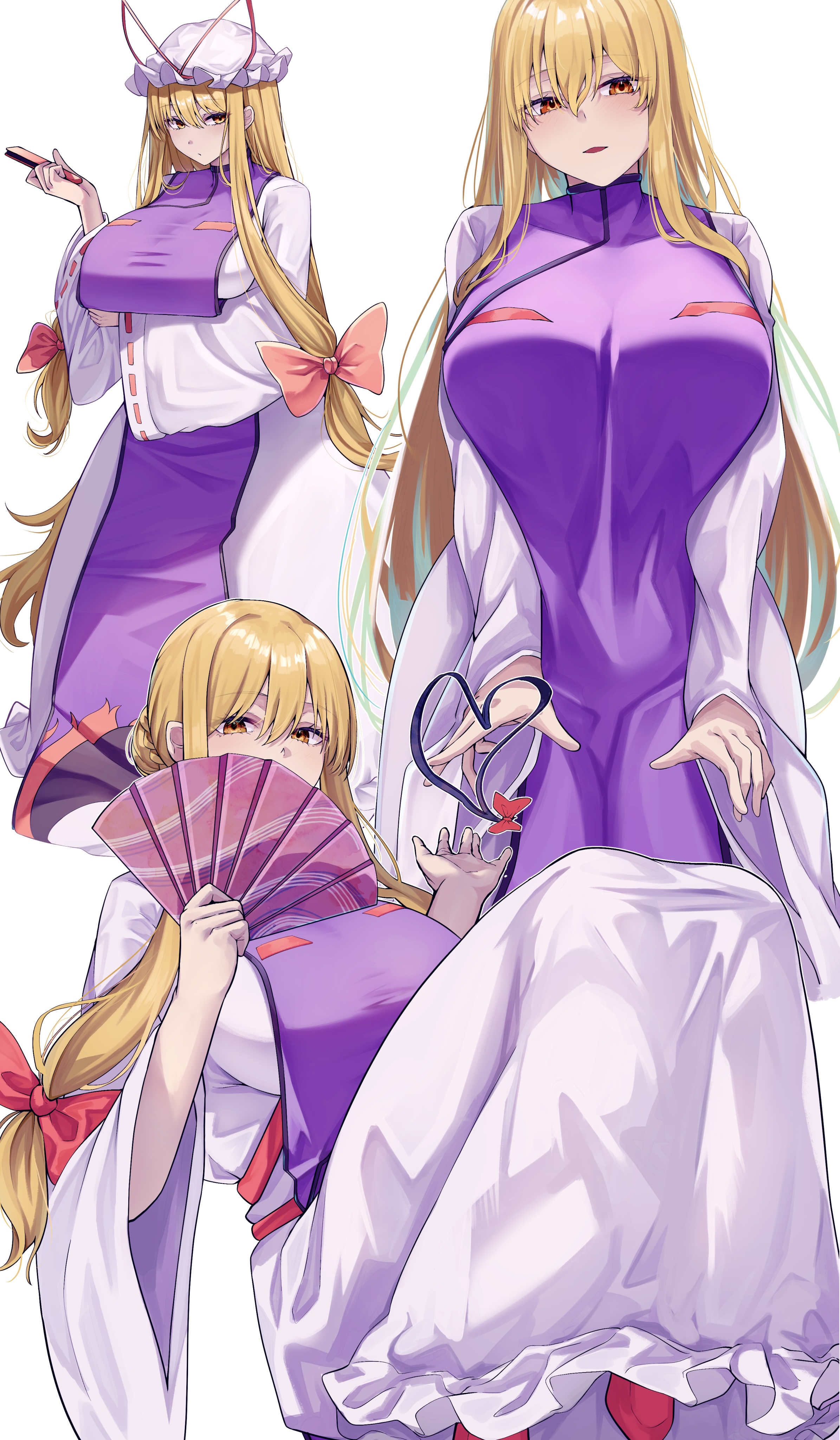 mirufi (milfiiiiyu), yakumo yukari, touhou, absurdres, commentary request, highres, 1girl, arm under breasts, blonde hair, bow, breasts, folded fan, folding fan, gap (touhou), hair bow, hair bun, hand fan, hat, hat ribbon, heart, holding, holding fan, large breasts, long hair, looking at viewer, mob cap, multiple views, purple tabard, ribbon, sidelocks, single hair bun, smile, tabard, white background, wide sleeves, yellow eyes