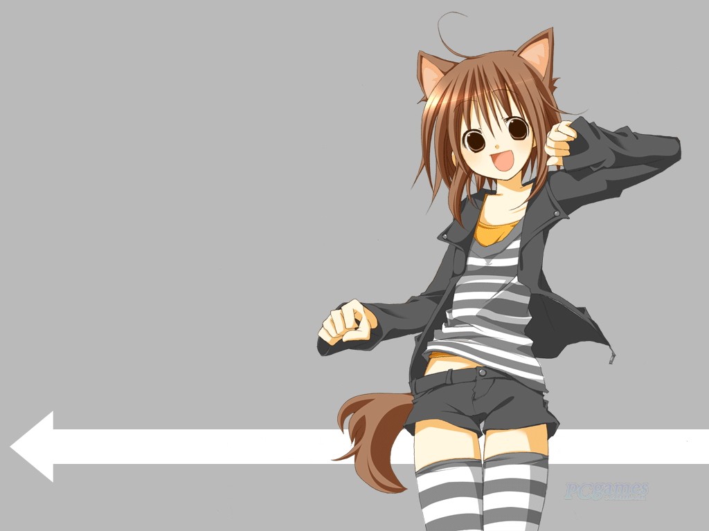 1girl, animal ears, black & white, blush, brown hair, dog ears, female focus, flat chest, midriff, patterned legwear, shirt, shorts, smile, solo, striped clothes, striped shirt, striped thighhighs, tail, thighhighs, two-tone stripes