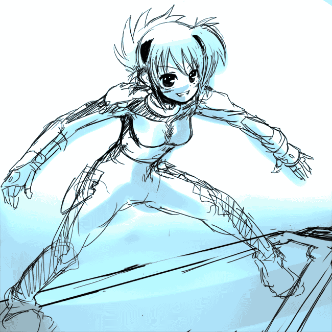 numbers (nanoha), wendi (nanoha), lyrical nanoha, mahou shoujo lyrical nanoha, mahou shoujo lyrical nanoha strikers, 00s, 1girl, aqua theme, blue theme, female focus, monochrome, sketch, solo
