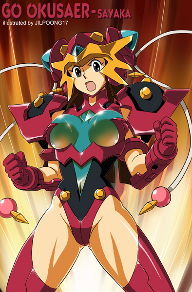jilpoong17, go okusaer, yumi sayaka, mazinger (series), mazinger z, shinkon gattai godannar!!, 1girl, breasts, brown hair, cosplay, female focus, large breasts, long hair, mecha, mecha musume, open mouth, robot, solo