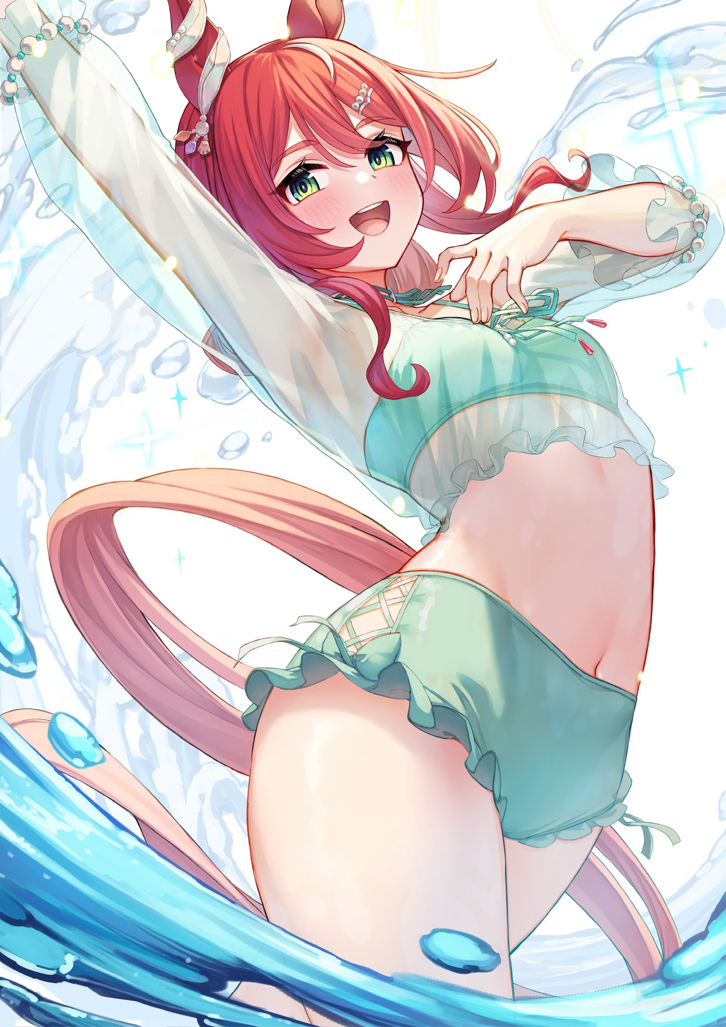 iam (tetsu0ekaki), win variation (principal on the water surface) (umamusume), win variation (umamusume), umamusume, commentary request, highres, 1girl, animal ears, arm up, bikini, blush, breasts, ear ornament, green bikini, green eyes, horse ears, horse girl, horse tail, long hair, long sleeves, navel, open mouth, red hair, see-through clothes, see-through shirt, shirt, small breasts, smile, solo, swimsuit, tail, wading, water