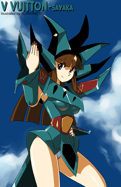 jilpoong17, yumi sayaka, mazinger (series), mazinger z, 1girl, brown hair, cosplay, female focus, hand on own hip, mecha, nail polish, panties, red nails, robot, solo, underwear, v vuitton