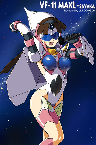 jilpoong17, mylene jenius, vf-11 maxl, yumi sayaka, macross, macross 7, mazinger (series), mazinger z, visor, 1970s (style), 1990s (style), 1girl, brown hair, cosplay, crossover, elbow gloves, female focus, galaxy, gloves, mecha, mecha musume, microphone, milky way, music, oldschool, parody, retro artstyle, robot, science fiction, singing, solo, star (sky), star (symbol)