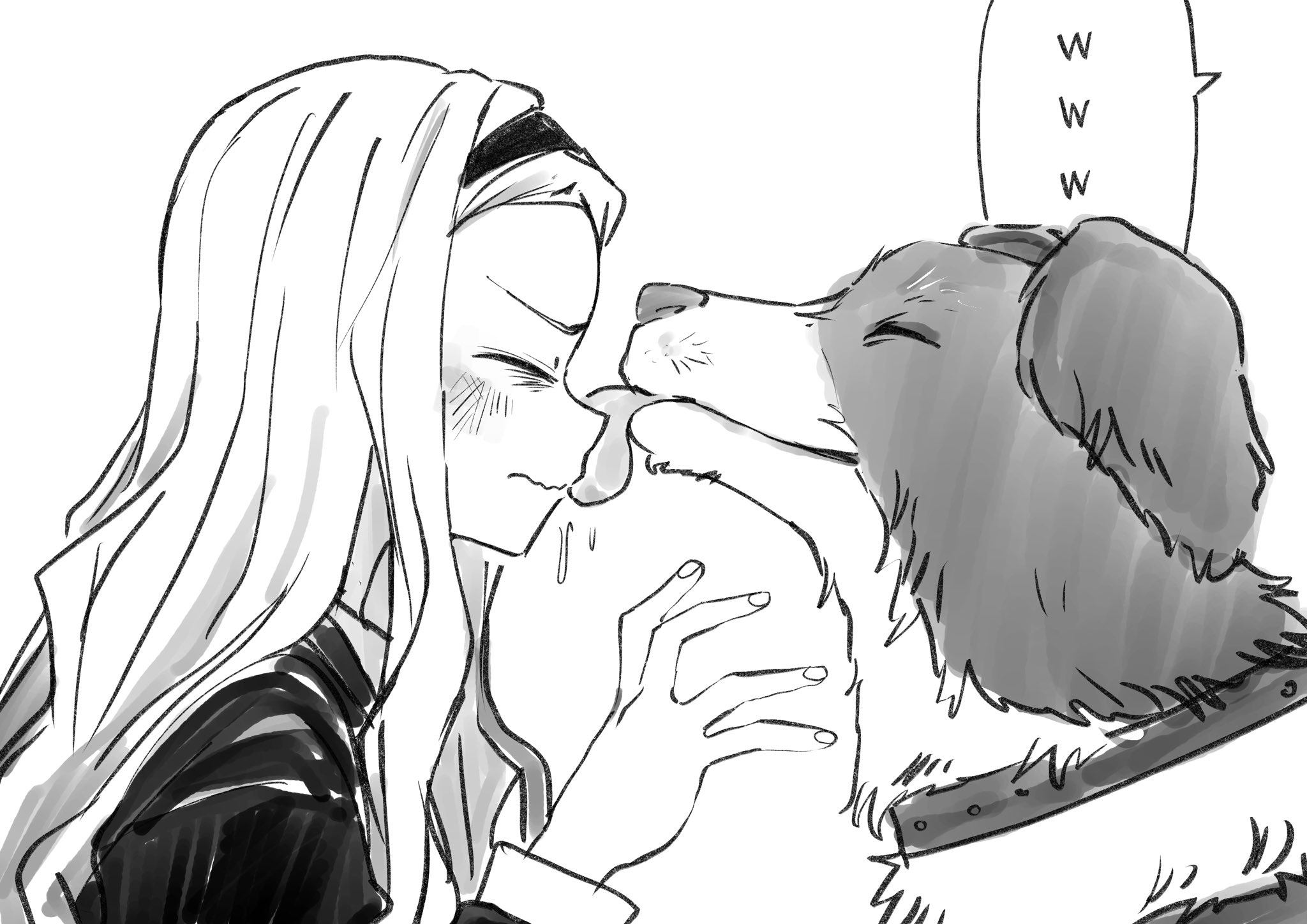 chou (danny8461), chappy (takopii no genzai), kirarazaka marina, takopii no genzai, hashtag-only commentary, highres, 1girl, black hairband, black jacket, blonde hair, closed eyes, dog, hairband, jacket, licking, licking another's face, long hair, monochrome, speech bubble, spoken www, white background