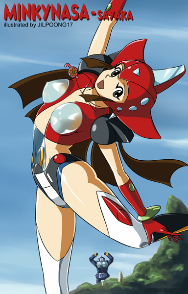 jilpoong17, yumi sayaka, mazinger (series), mazinger z, 1girl, blue sky, breasts, cosplay, covered erect nipples, female focus, mecha, medium breasts, minkynasa, navel, robot, sky, solo, thighhighs