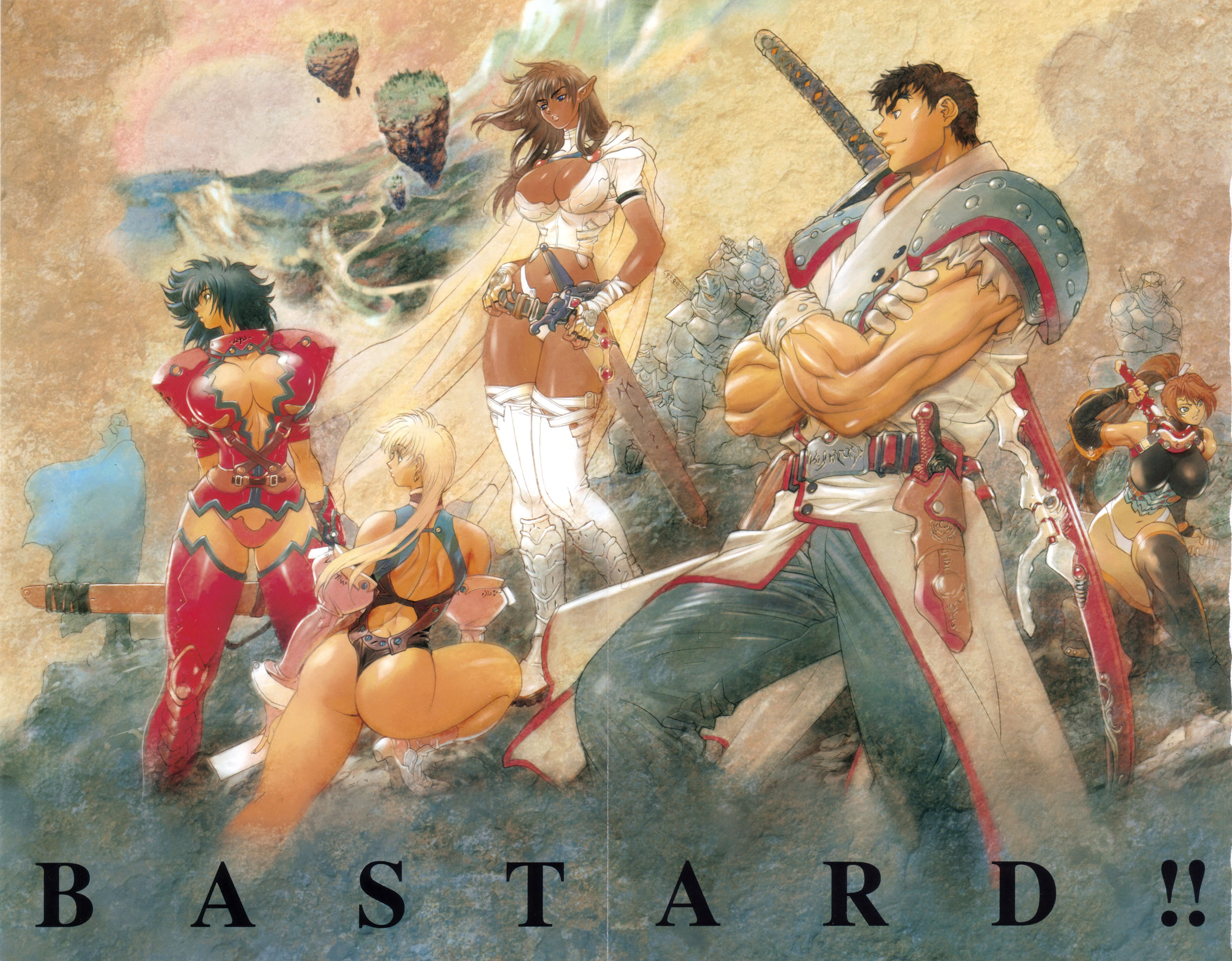 hagiwara kazushi, arshes nei, dark schneider, gara, kai harn, sean ari, bastard!!, highres, 1990s (style), 4girls, 5boys, armor, ass, black hair, black thighhighs, breasts, brown hair, cleavage, cleavage cutout, clothing cutout, copyright name, crossed arms, dark skin, fingerless gloves, gloves, large breasts, leotard, long hair, midriff, multiple boys, multiple girls, muscular, ninja, panties, pointy ears, ponytail, red thighhighs, retro artstyle, sheen harri, short hair, sword, thighhighs, thong, thong leotard, underwear, weapon, white hair, white thighhighs, zettai ryouiki