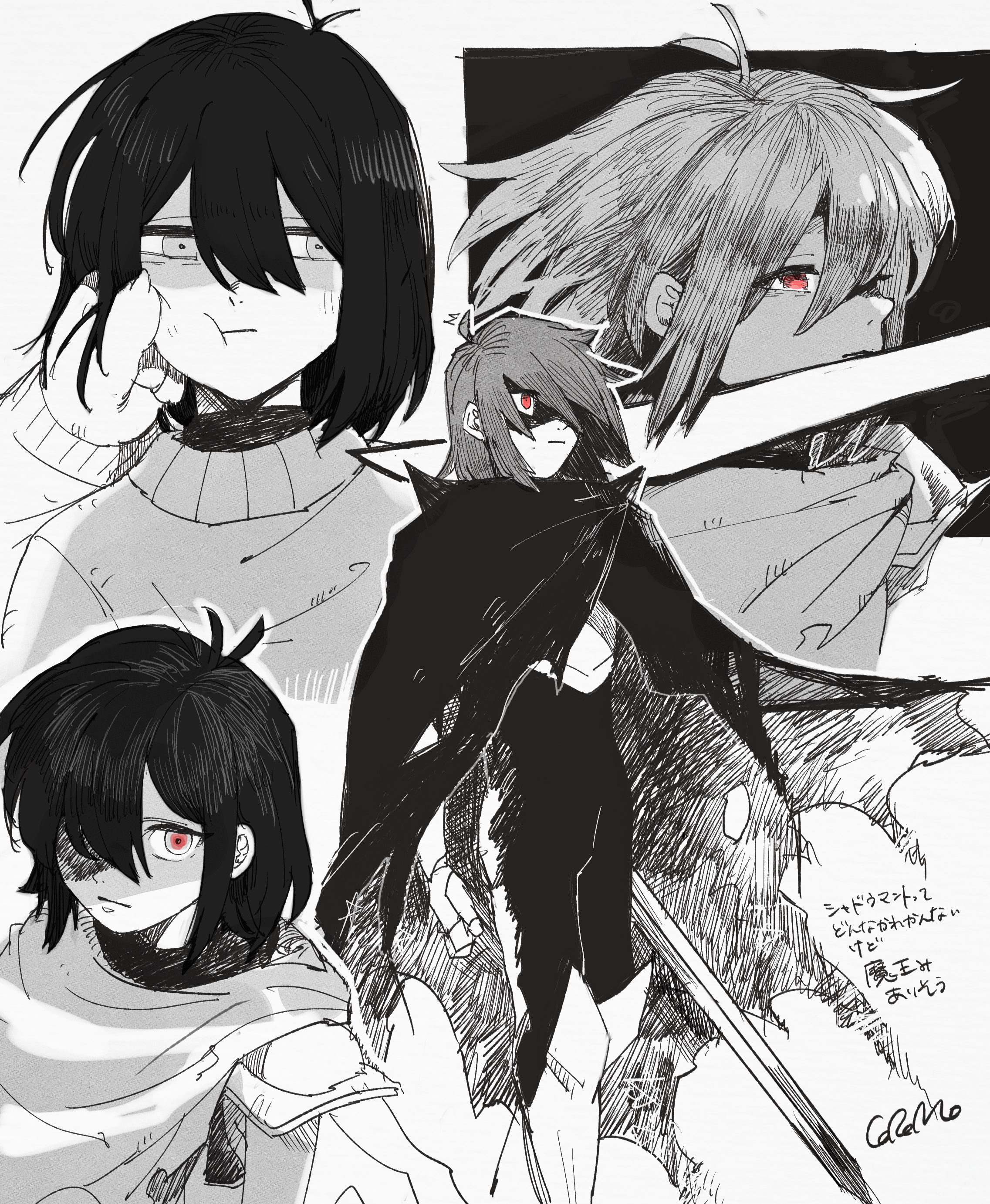 corogarucoromo, kris (dark world) (deltarune), kris (deltarune), deltarune, utdr (toby fox), absurdres, commentary request, highres, 1other, :t, armor, cape, cheek pinching, hair over one eye, holding, holding sword, holding weapon, looking to the side, other focus, pinching, red eyes, short hair, spot color, sword, weapon