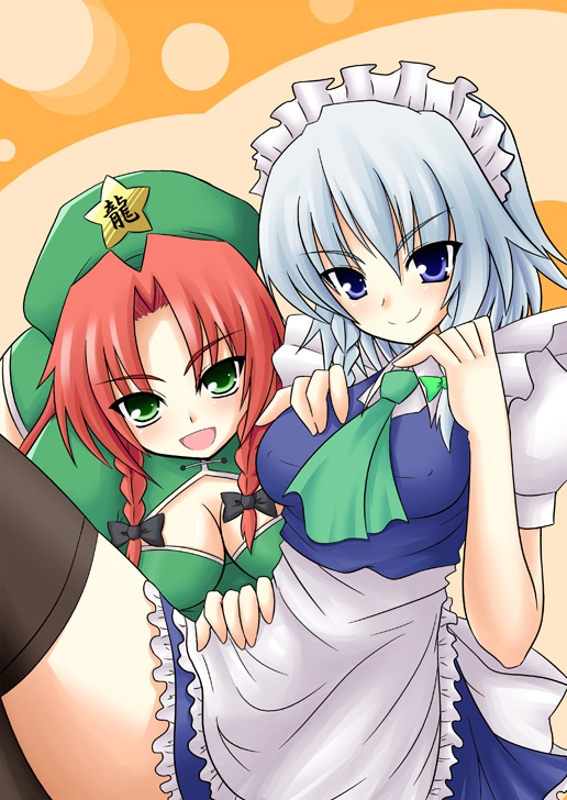 hassaku karin, ya-nyaa, hong meiling, izayoi sakuya, embodiment of scarlet devil, touhou, black legwear, eyebrows, silver hair, 2girls, apron, ascot, black bow, blue eyes, blue skirt, bow, braid, breasts, cleavage, female focus, green bow, green eyes, hair bow, hat, looking at viewer, maid headdress, medium breasts, multiple girls, open mouth, puffy short sleeves, puffy sleeves, red hair, short sleeves, skirt, smile, star (symbol), thighhighs, twin braids