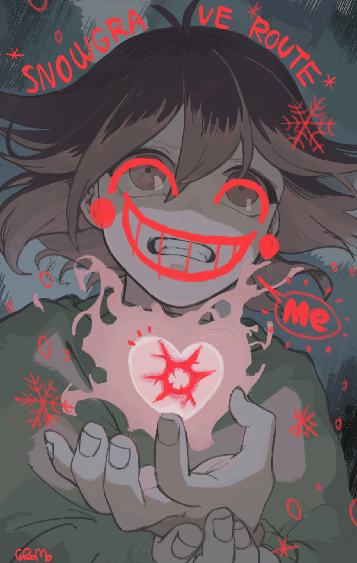 corogarucoromo, kris (deltarune), soul (deltarune), deltarune, utdr (toby fox), highres, 1other, brown hair, clenched teeth, drawn smile, english text, fire, floating hair, heart, jewelry, other focus, red eyes, ring, short hair, signature, snowflakes, teeth, thorn ring (deltarune), unworn ring, weird route (deltarune)