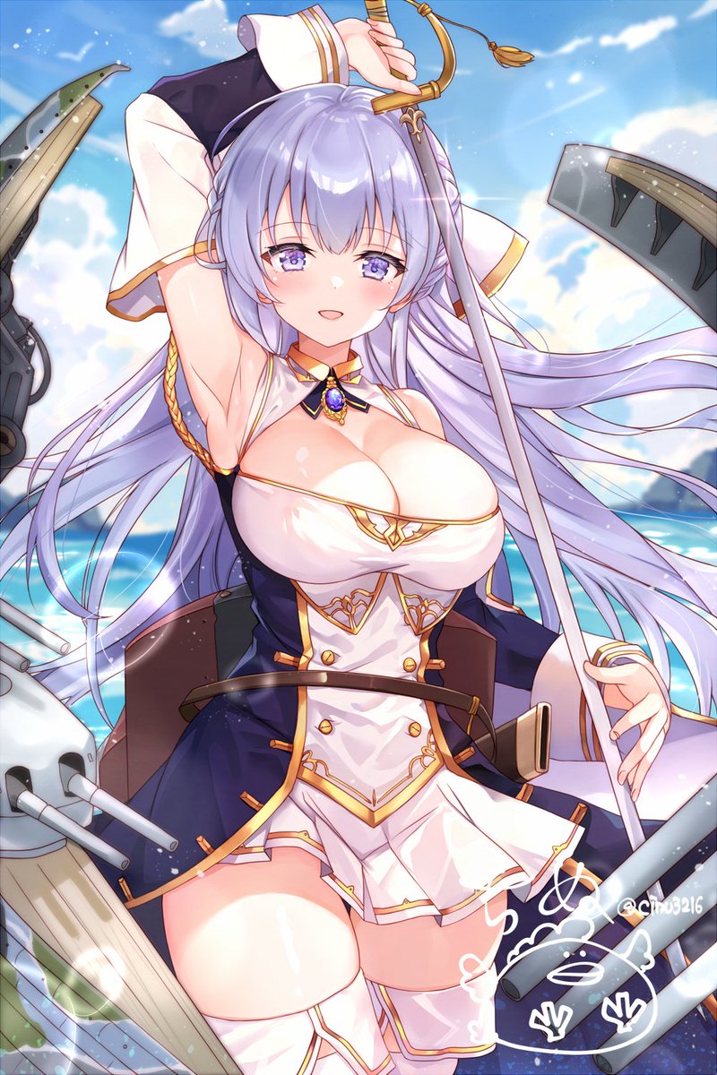 cinu, rodney (azur lane), azur lane, commentary request, highres, 1girl, aiguillette, armpits, artist logo, bare shoulders, blue gemstone, blue jacket, blue sky, breasts, cleavage, cowboy shot, day, detached sleeves, framed breasts, gem, gold trim, holding, holding sword, holding weapon, jacket, large breasts, logo, long hair, long sleeves, looking at viewer, miniskirt, outdoors, pleated skirt, purple eyes, purple hair, ship turret, skirt, sky, solo, sword, thighhighs, water, weapon, white skirt, zettai ryouiki