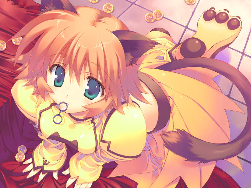 mitsumi misato, coco nekoko colone, corne coco necoco, fullani, game cg, 1girl, all fours, animal ears, animal hands, aqua eyes, back, bed sheet, blush, cat ears, cat tail, coin, crop top, female focus, mouth hold, orange hair, pleated skirt, short hair, skirt, smile, soles, solo, spiked hair, tail