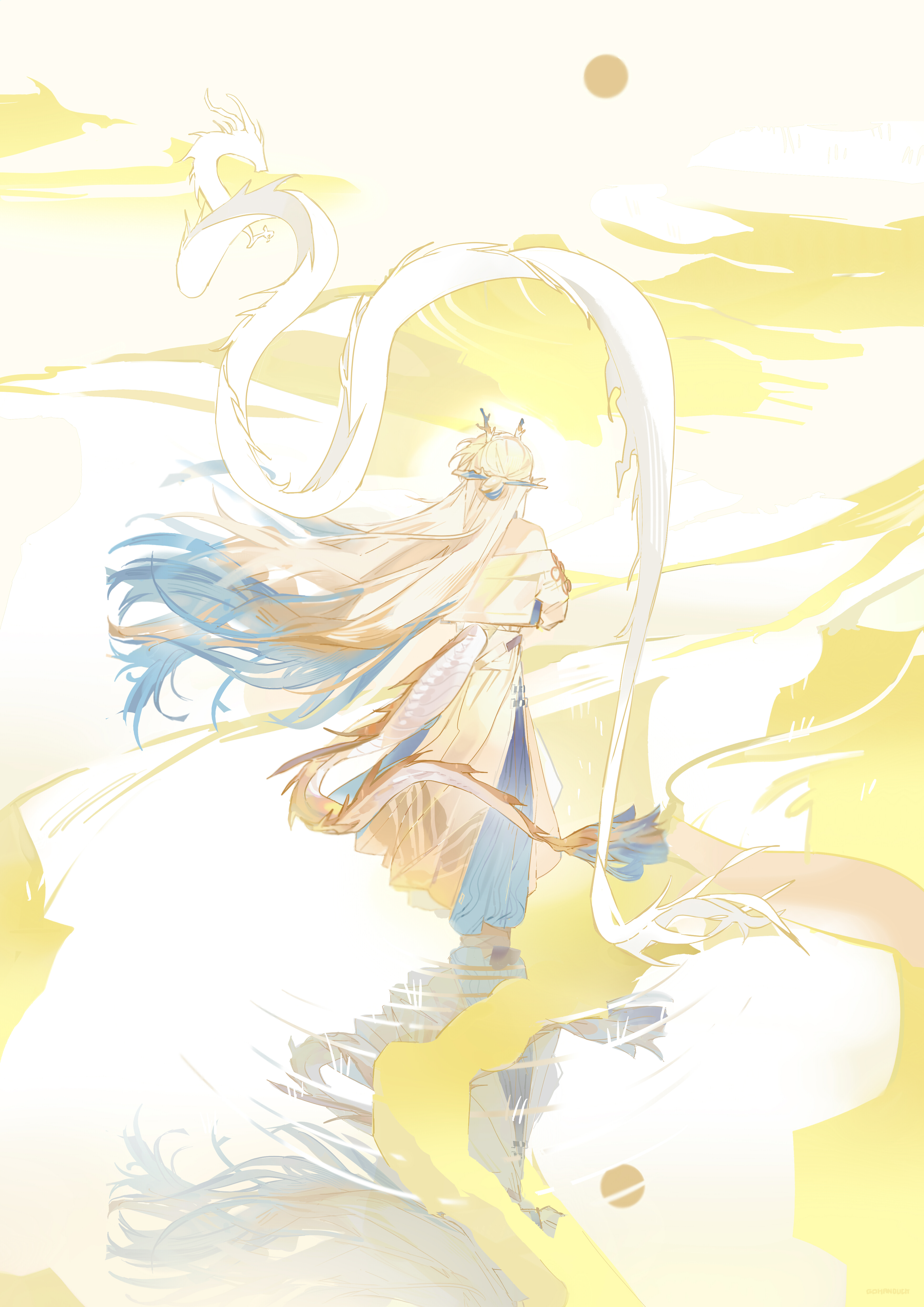 gohanduck, shu (arknights), arknights, absurdres, highres, 1girl, blonde hair, blue hair, clothing cutout, dragon, dragon tail, eastern dragon, floating hair, from behind, full moon, grey hair, hair bun, jacket, long hair, long skirt, moon, multicolored hair, off shoulder, reflection, ripples, skirt, solo, tail, tail through clothes, very long hair, walking, walking on liquid, yellow theme