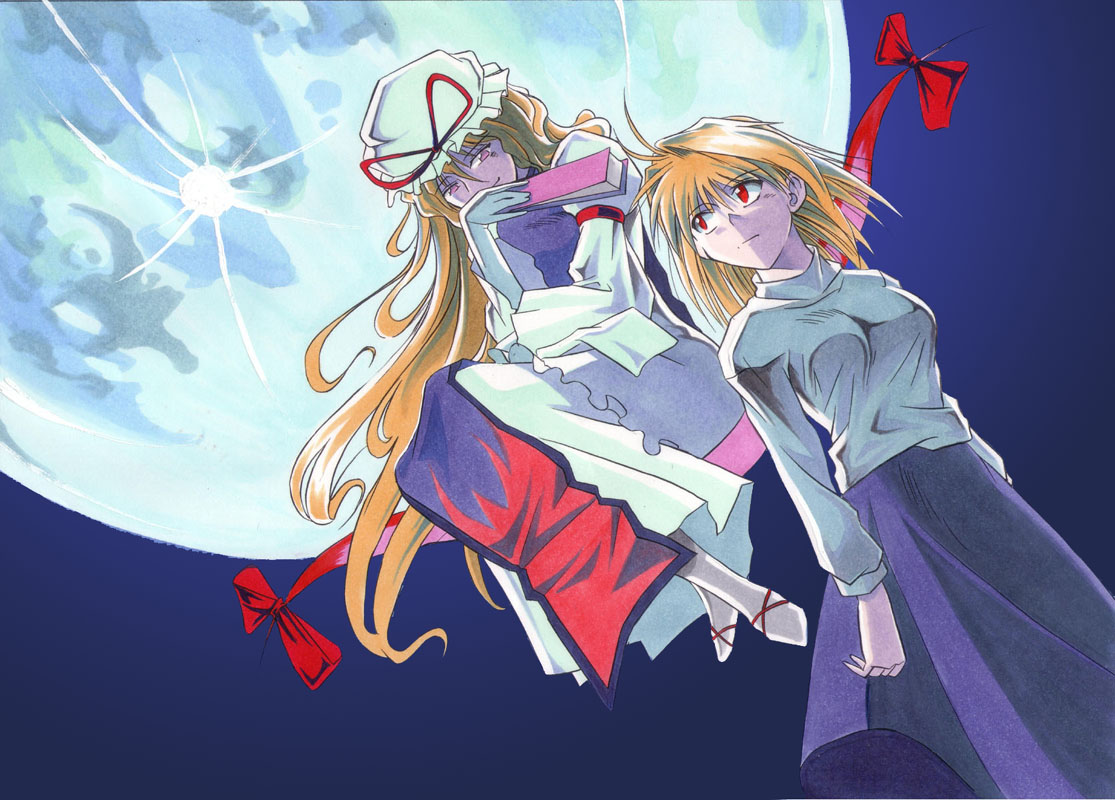 angeldust, arcueid brunestud, yakumo yukari, touhou, tsukihime, 00s, 2girls, blonde hair, crossover, gap (touhou), long hair, long skirt, multiple girls, purple skirt, red eyes, skirt, sweater