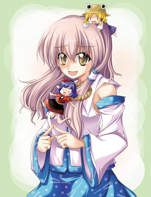 kurinton, kochiya sanae, moriya suwako, yasaka kanako, touhou, 3girls, alternate color, chibi, female focus, gradient background, hat, japanese clothes, miko, mini person, minigirl, multiple girls, skirt, white background