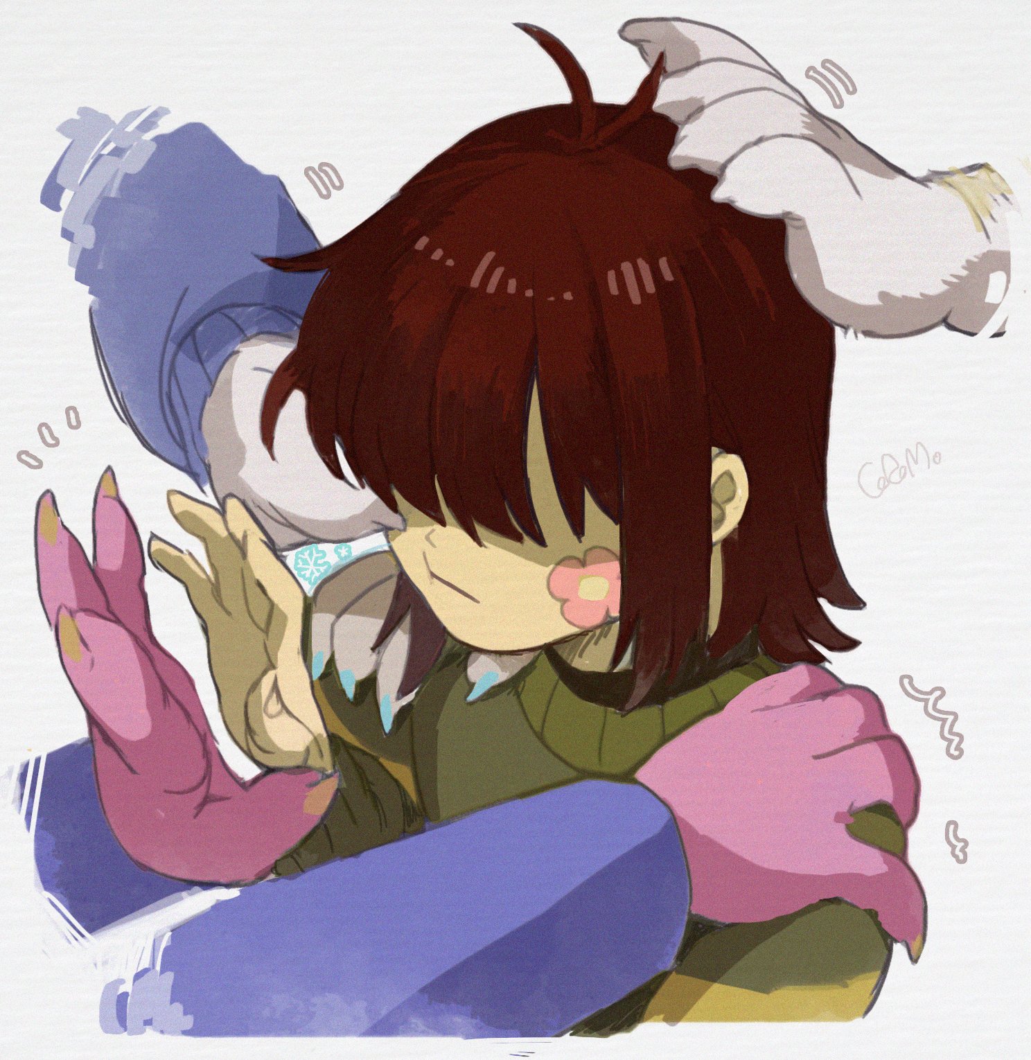 corogarucoromo, carol holiday, kris (deltarune), susie (deltarune), toriel, deltarune, utdr (toby fox), commentary request, highres, 1other, 3girls, antenna hair, blue nails, brown hair, colored skin, green sweater, hair over eyes, hand on another's head, hand on another's shoulder, multiple girls, other focus, purple skin, purple sleeves, short hair, snowflakes, sticker, sticker on face, sweater