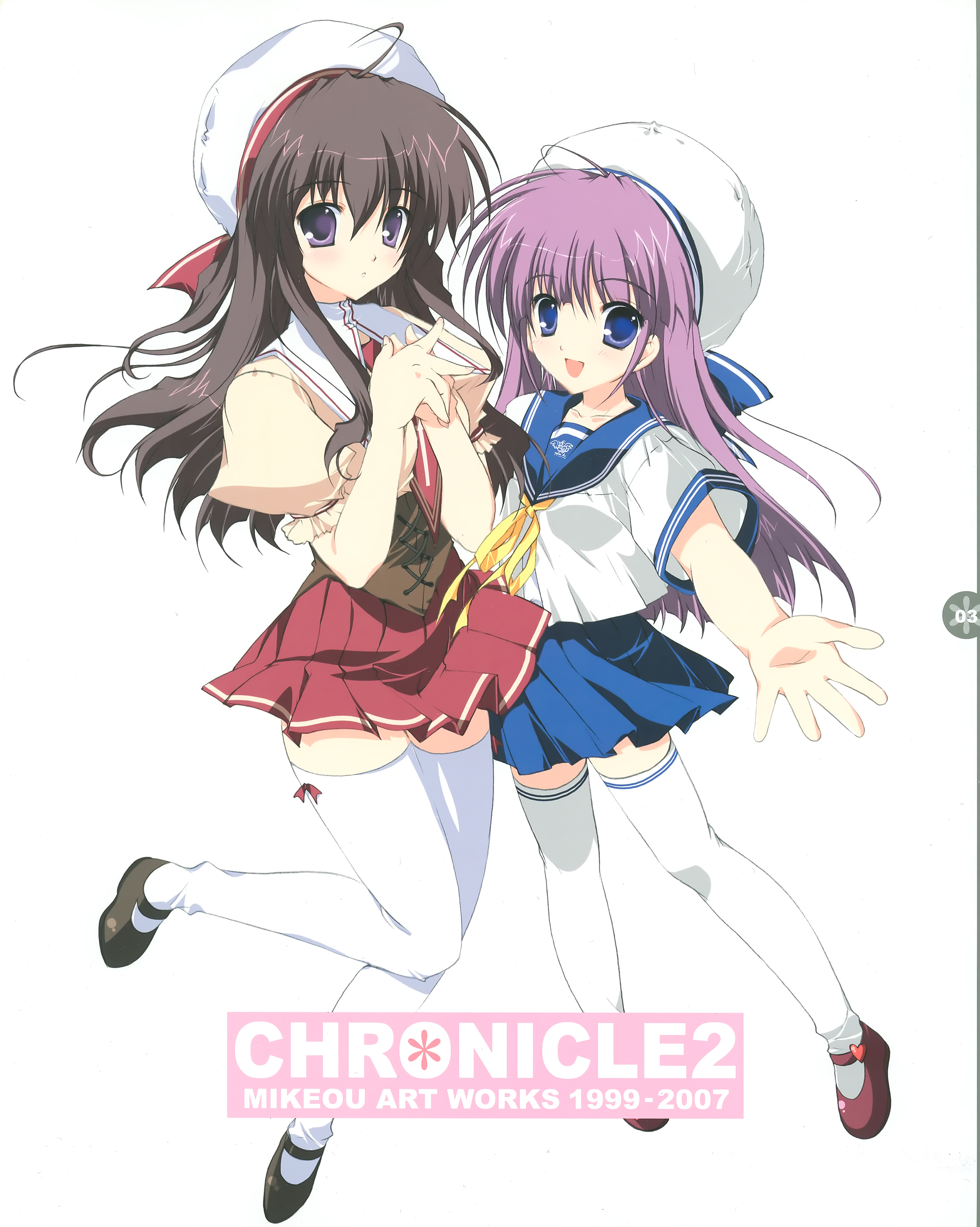 mikeou, absurdres, highres, 2girls, black hair, blue eyes, happy, hat, long hair, mary janes, multiple girls, pleated skirt, purple eyes, purple hair, ribbon, school uniform, serafuku, shoes, skirt, smile, thighhighs, white thighhighs, zettai ryouiki