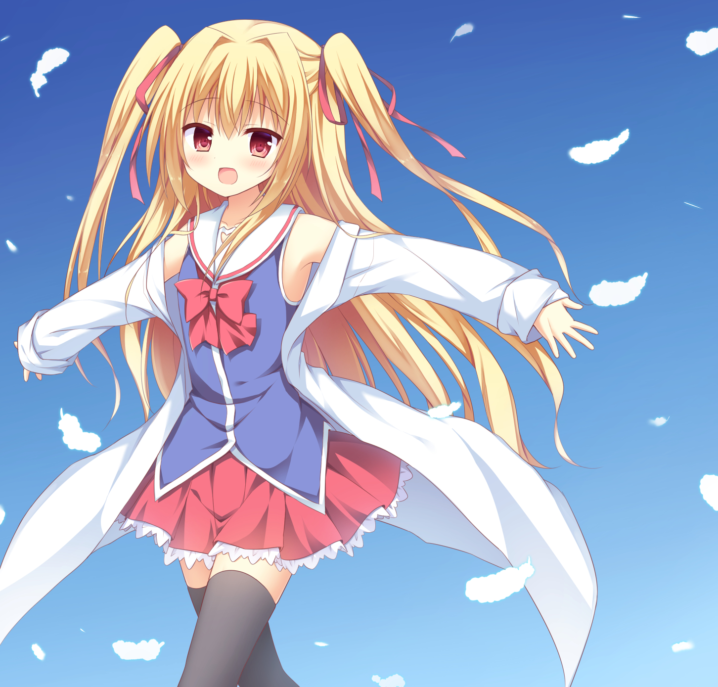 korokoro cat, nikaidou shinku, irotoridori no sekai, commentary request, highres, 1girl, :d, bare shoulders, black thighhighs, blonde hair, blue shirt, blue sky, blush, bow, bowtie, coat, cowboy shot, day, falling feathers, feathers, floating hair, frilled skirt, frills, hair between eyes, hair intakes, hair ribbon, happy, lab coat, long hair, looking at viewer, miniskirt, open clothes, open coat, open mouth, outdoors, outstretched arms, outstretched hand, pleated skirt, red bow, red bowtie, red eyes, red ribbon, red skirt, ribbon, sailor collar, school uniform, serafuku, shirt, sidelocks, skirt, sky, sleeveless, sleeveless shirt, sleeves past wrists, smile, solo, standing, straight hair, thighhighs, two side up, very long hair, white coat, white feathers, white sailor collar, zettai ryouiki