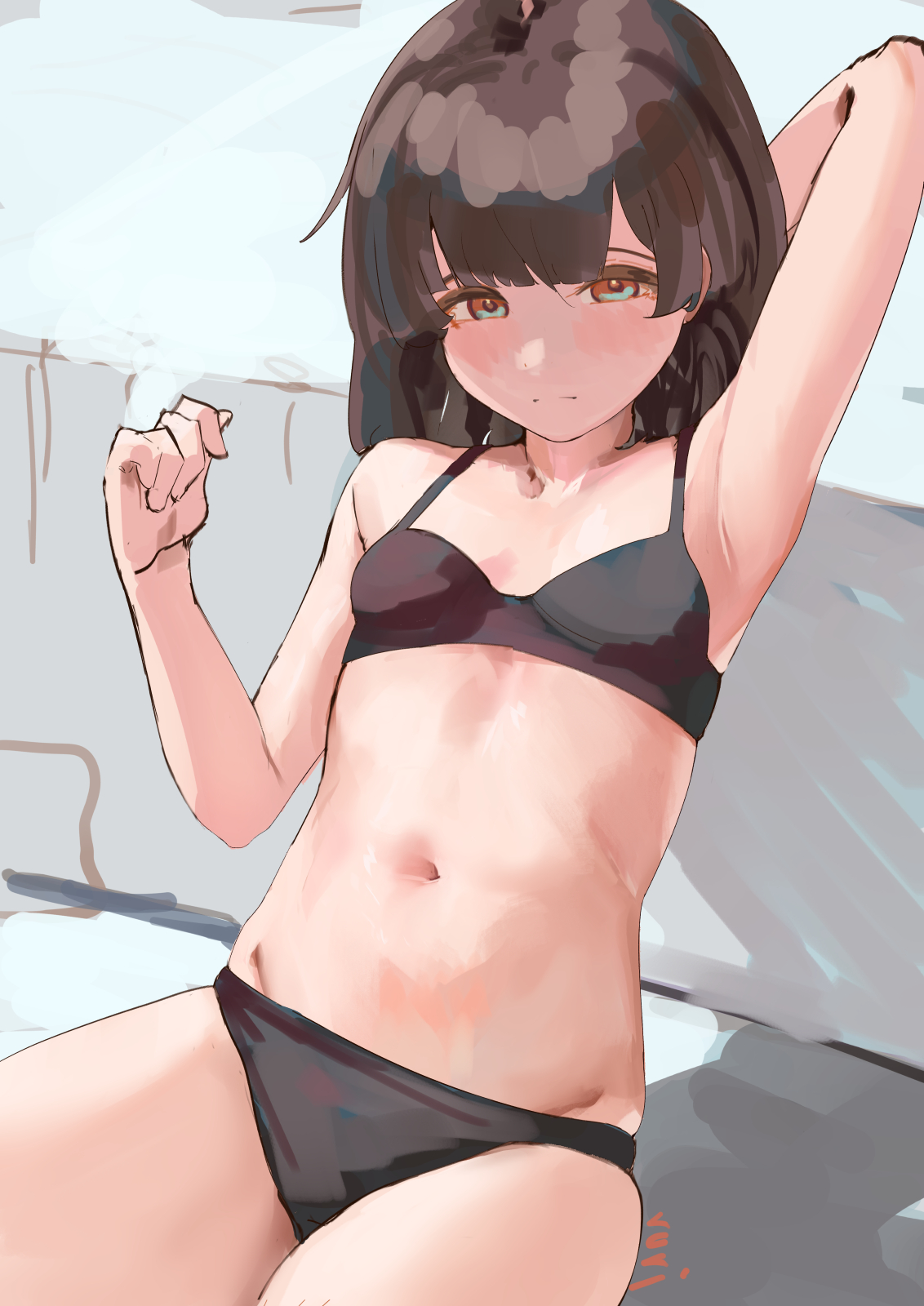 rurikon, original, commentary request, highres, 1girl, arm behind head, armpits, bare arms, bare shoulders, black bra, black panties, blush, bra, breasts, brown hair, closed mouth, green eyes, long hair, looking at viewer, navel, panties, small breasts, solo, stomach, underwear, underwear only