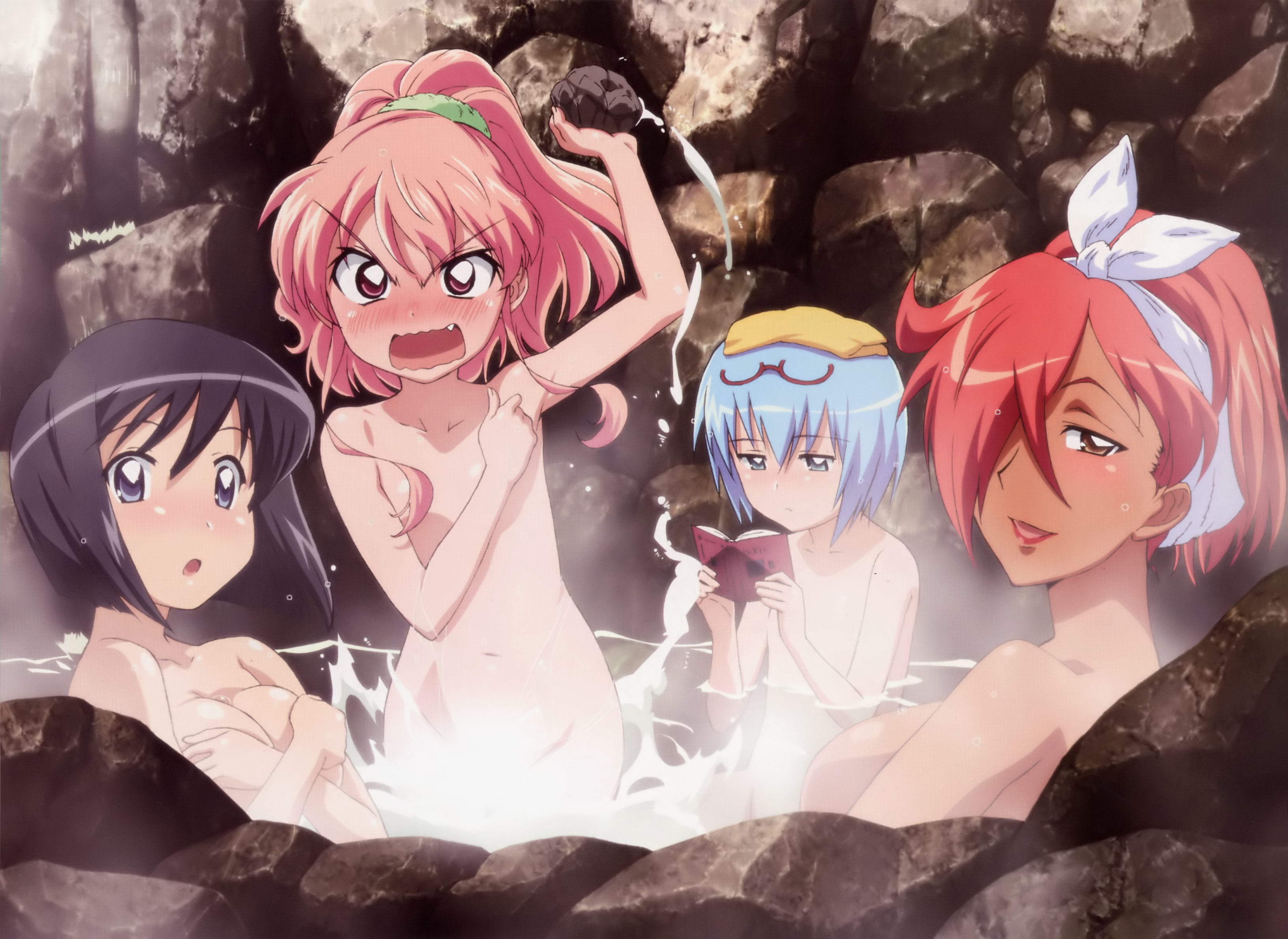fujii masahiro, kirche augusta frederica von anhalt zerbst, louise francoise le blanc de la valliere, siesta (zero no tsukaima), tabitha (zero no tsukaima), zero no tsukaima, absurdres, detexted, highres, official art, third-party edit, 00s, 4girls, angry, black hair, blue hair, blush, breasts, covering breasts, covering privates, dark-skinned female, dark skin, female focus, glasses, hair over one eye, medium breasts, multiple girls, nude, onsen, purple hair, red hair, short hair, small breasts, steam, sweat, water, wet