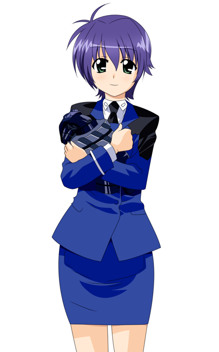 revolver knuckle, subaru nakajima, lyrical nanoha, mahou shoujo lyrical nanoha, mahou shoujo lyrical nanoha strikers, 00s, 1girl, blush, female focus, gauntlets, green eyes, military, military uniform, pencil skirt, purple hair, short hair, skirt, smile, solo