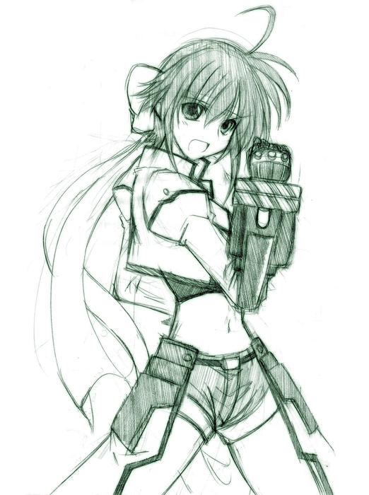hagane soushi, revolver knuckle, subaru nakajima, lyrical nanoha, mahou shoujo lyrical nanoha, mahou shoujo lyrical nanoha strikers, 00s, 1girl, female focus, green theme, midriff, monochrome, ribbon, short hair, shorts, sketch, solo