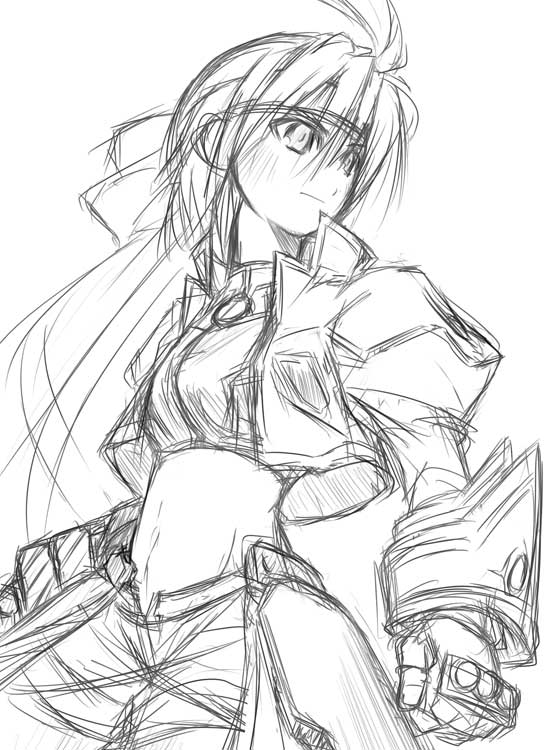 revolver knuckle, subaru nakajima, lyrical nanoha, mahou shoujo lyrical nanoha, mahou shoujo lyrical nanoha strikers, 00s, 1girl, female focus, greyscale, midriff, monochrome, short hair, sketch, solo