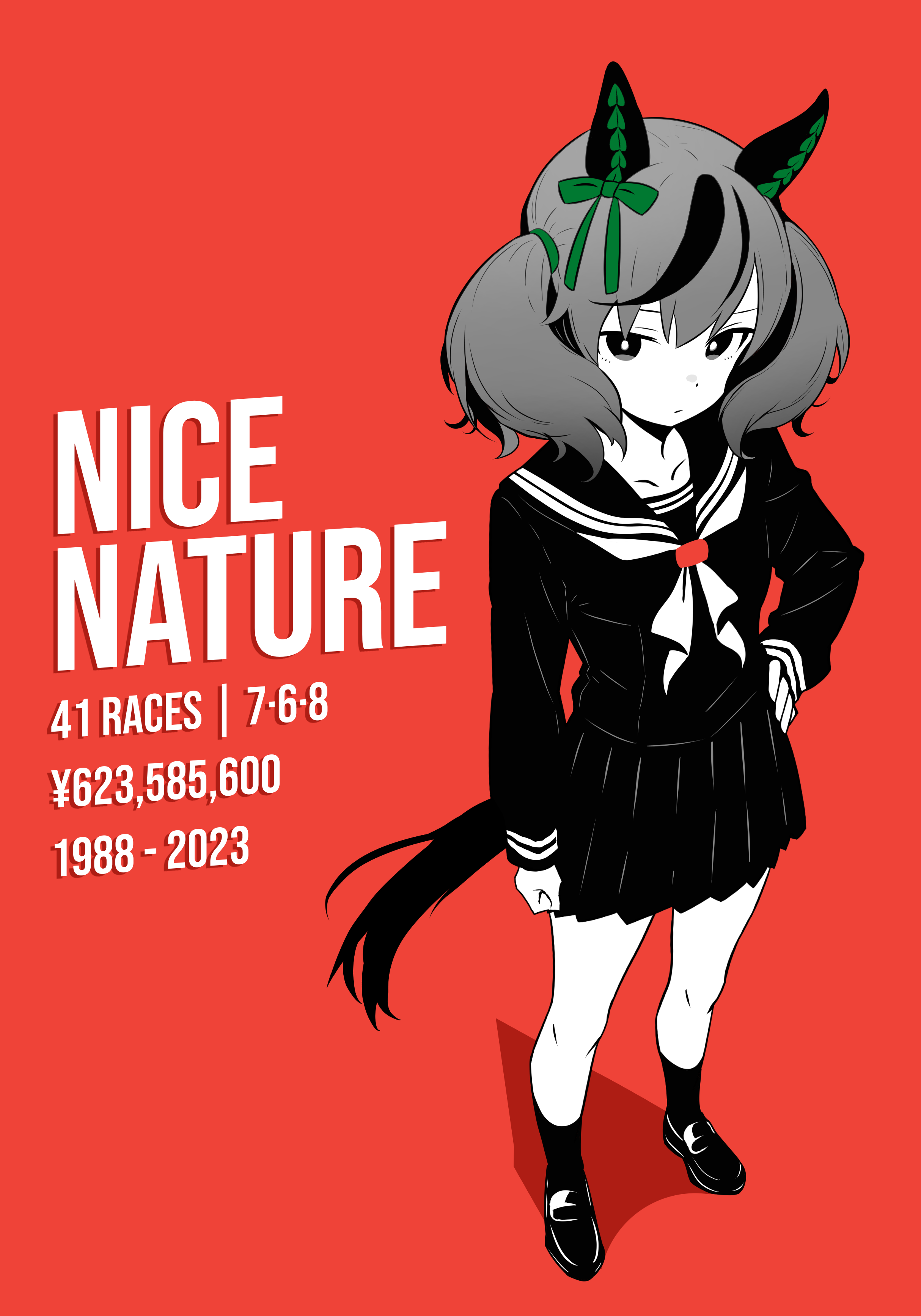 smiling lime, nice nature (umamusume), umamusume, absurdres, commentary request, highres, 1girl, animal ears, ear covers, english text, greyscale with colored background, hair between eyes, hand on own hip, horse ears, horse girl, horse tail, long hair, looking at viewer, necktie, pleated skirt, red background, sailor collar, school uniform, serafuku, shoes, short twintails, simple background, skirt, socks, solo, spot color, tail, twintails