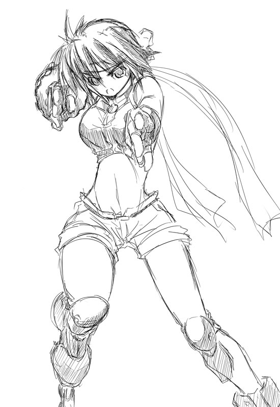 revolver knuckle, subaru nakajima, lyrical nanoha, mahou shoujo lyrical nanoha, mahou shoujo lyrical nanoha strikers, 00s, 1girl, denim, denim shorts, female focus, greyscale, inline skates, midriff, monochrome, roller skates, short hair, shorts, skates, sketch, solo