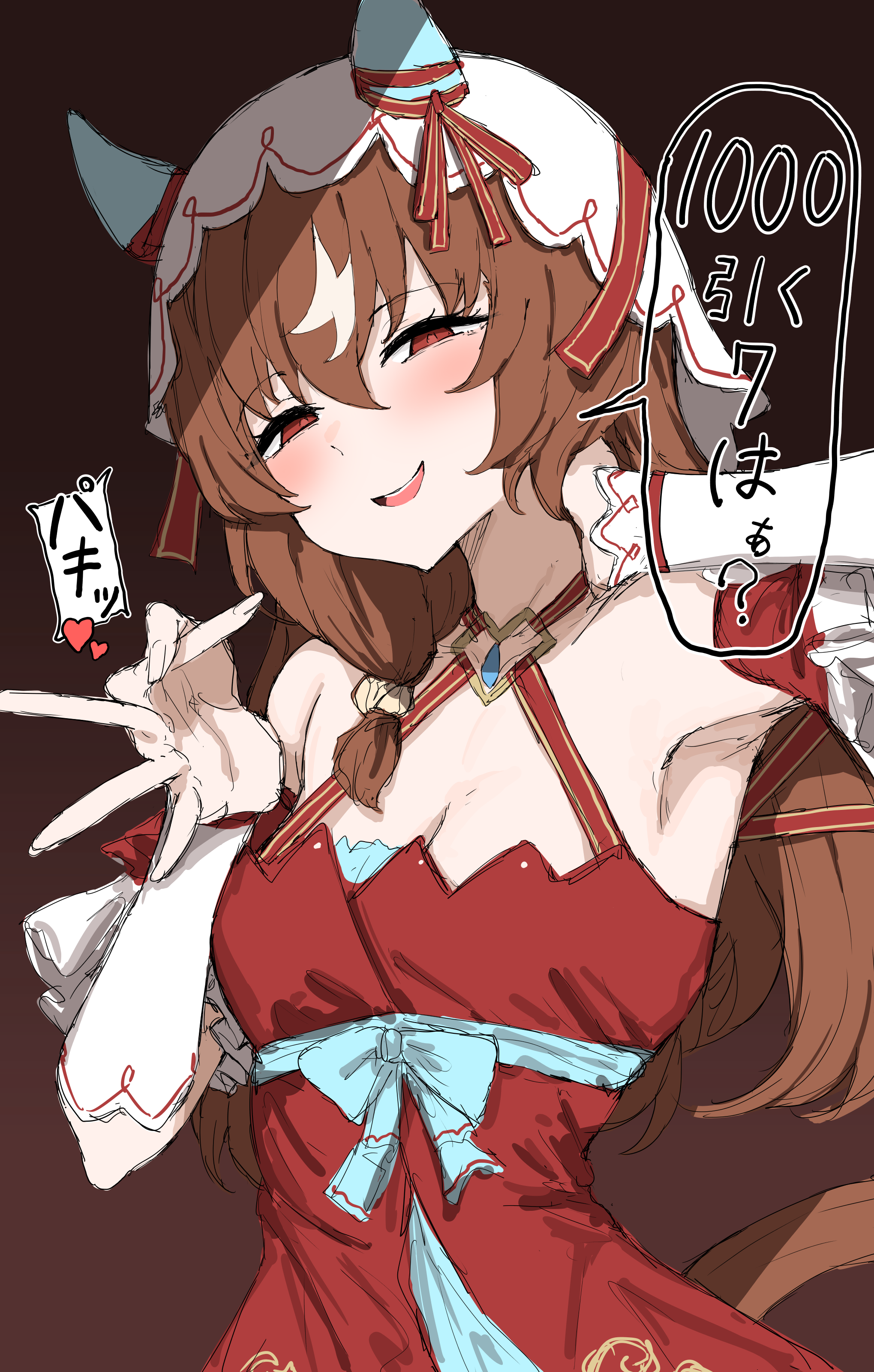kumiyabe, still in love (umamusume), umamusume, absurdres, commentary request, highres, 1girl, animal ears, blush, breasts, brown hair, cleavage, dress, hair between eyes, horse ears, horse tail, long hair, looking at viewer, medium breasts, open mouth, red dress, red eyes, sketch, smile, solo, tail, veil