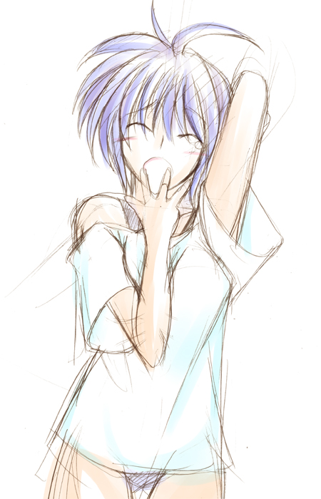 hagane soushi, subaru nakajima, lyrical nanoha, mahou shoujo lyrical nanoha, mahou shoujo lyrical nanoha strikers, 00s, blue eyes, blue hair, nightshirt, panties, short hair, sketch, solo, underwear, yawning