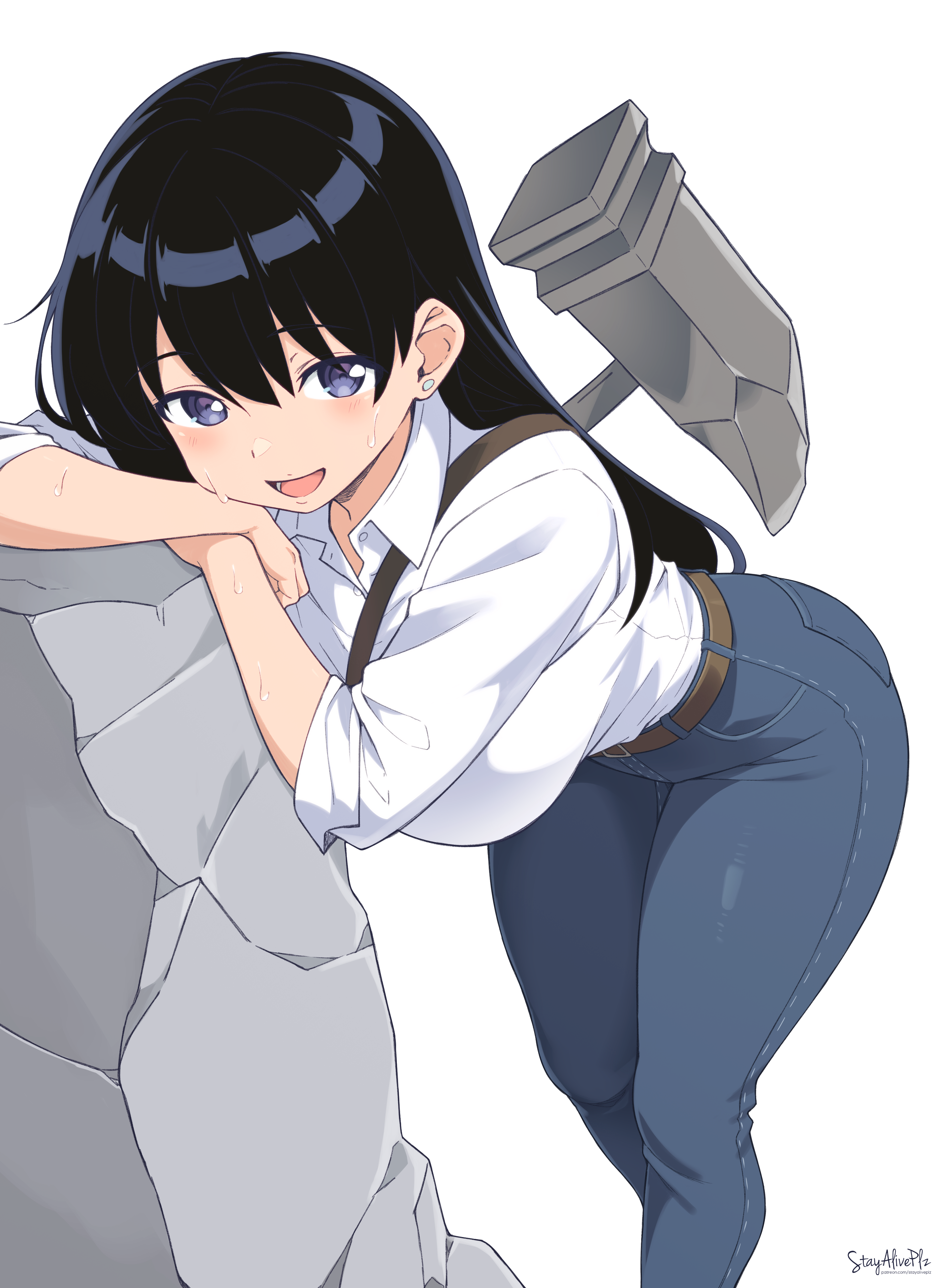 stayaliveplz, arato nagi, ruri no houseki, absurdres, commentary request, highres, 1girl, belt, black hair, blue pants, breasts, collared shirt, denim, ear piercing, earrings, hammer, jeans, jewelry, large breasts, leaning, long hair, long sleeves, looking at viewer, open mouth, pants, piercing, purple eyes, rock, shirt, signature, simple background, sleeves rolled up, smile, solo, stud earrings, sweat, white background, white shirt