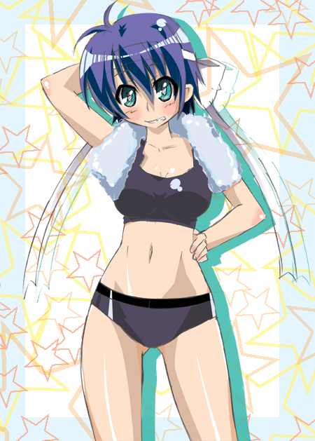 subaru nakajima, lyrical nanoha, mahou shoujo lyrical nanoha, mahou shoujo lyrical nanoha strikers, 00s, 1girl, blush, bra, female focus, green eyes, lingerie, panties, purple hair, short hair, solo, sports bra, towel, underwear, underwear only