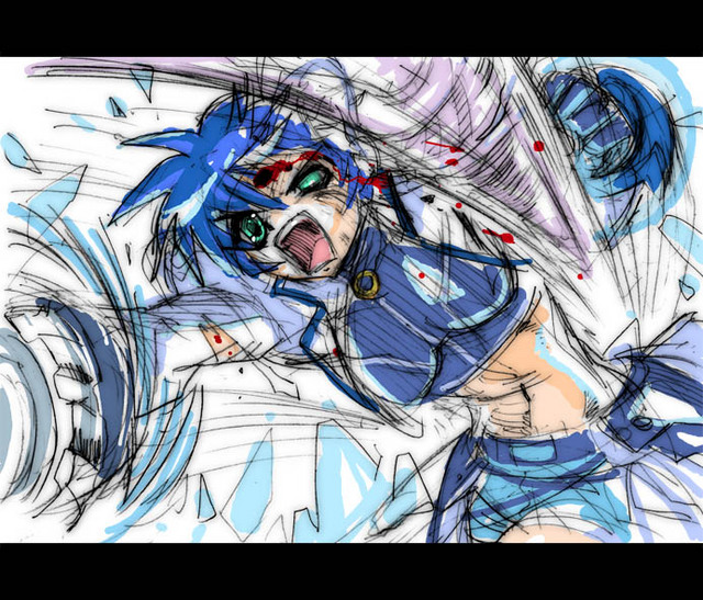 revolver knuckle, subaru nakajima, lyrical nanoha, mahou shoujo lyrical nanoha, mahou shoujo lyrical nanoha strikers, 00s, blue hair, green eyes, letterboxed, short hair, sketch, solo