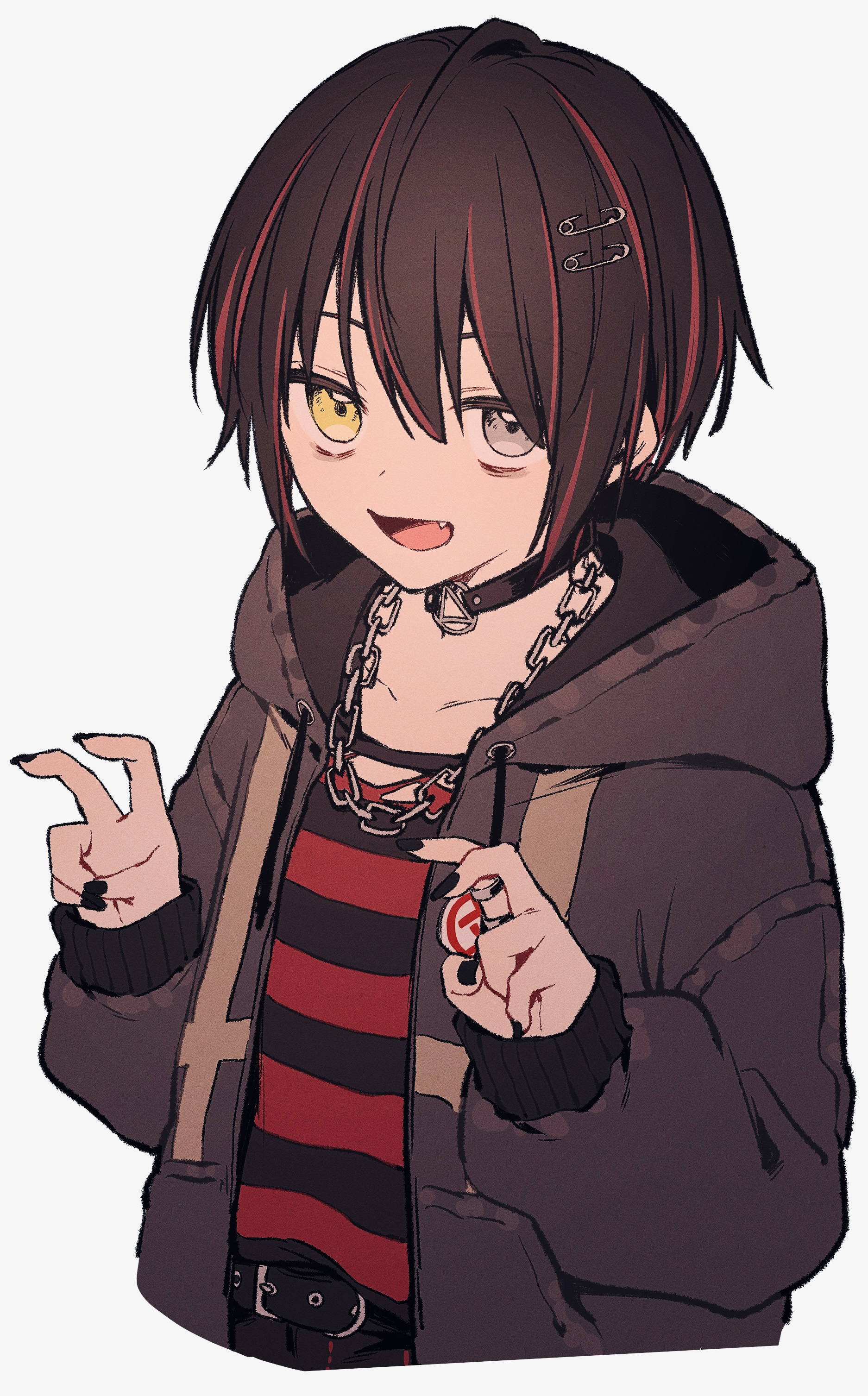 easy-0426, mashiro meme, mashiro meme (3rd costume), nijisanji, absurdres, commentary request, highres, 1boy, air quotes, black choker, black hair, black hoodie, black nails, chain, chain necklace, choker, fang, grey eyes, heterochromia, hood, hood down, hoodie, jewelry, looking at viewer, male focus, multicolored hair, nail polish, necklace, official alternate costume, open mouth, safety pin hair ornament, shirt, short hair, simple background, smile, solo, streaked hair, striped clothes, striped shirt, upper body, virtual youtuber, white background, yellow eyes