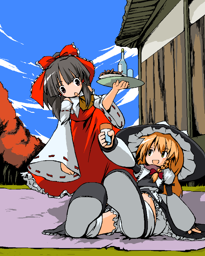 neki-t, hakurei reimu, kirisame marisa, touhou, 2girls, :d, blonde hair, bloomers, blue sky, blush, bottle, bow, breasts, brown eyes, brown hair, cup, day, detached sleeves, dress, embellished costume, female focus, hair bow, hat, holding, long sleeves, multiple girls, oekaki, open mouth, outdoors, red bow, red dress, ribbon-trimmed sleeves, ribbon trim, shoe soles, sky, small breasts, smile, standing, underwear, water, witch hat