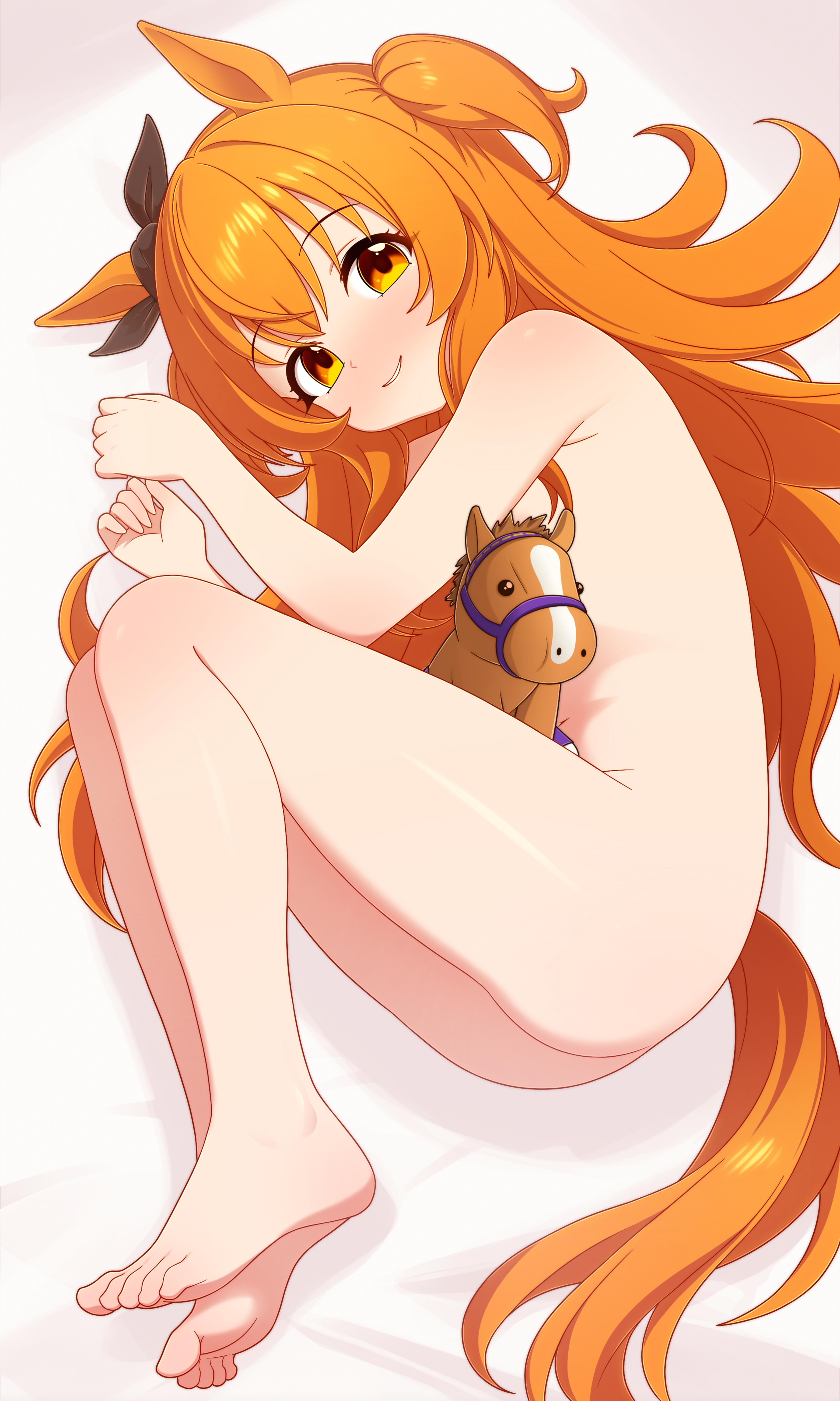 dullahan (alekey art), mayano top gun (umamusume), umamusume, absurdres, commentary, english commentary, highres, 1girl, animal ears, barefoot, black ribbon, bow, completely nude, ear ribbon, flat chest, horse ears, horse girl, horse tail, long hair, looking at viewer, lying, nude, on side, orange eyes, orange hair, ribbon, soles, solo, tail, toes, two side up