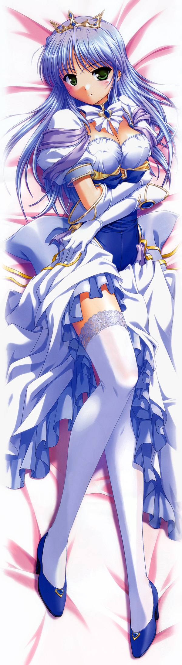 bekkankou, feena fam earthlight, yoake mae yori ruri iro na, lace-trimmed legwear, highres, long image, scan, tall image, 1girl, blue hair, blush, breasts, cleavage, clothes lift, crown, dakimakura (medium), dress, dress lift, elbow gloves, female focus, full body, gloves, green eyes, high heels, lace, lace trim, large breasts, long hair, lying, on back, purple hair, shoes, skirt, skirt lift, smile, solo, thighhighs, tiara, white thighhighs, zettai ryouiki