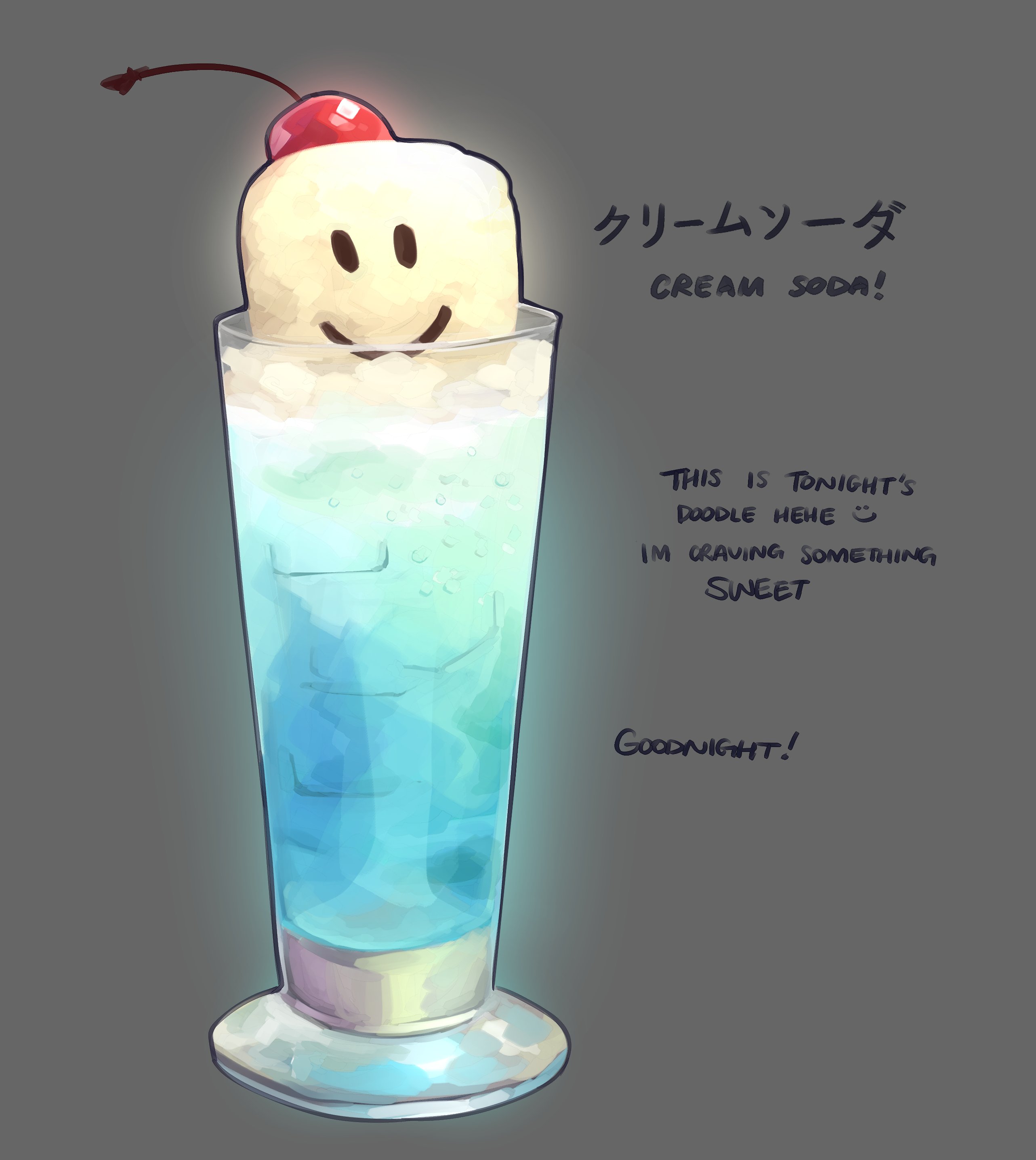 himochuu, roblox, absurdres, commentary, english commentary, highres, character-themed food, cherry, cream soda (soda), cup, drinking glass, english text, food, food focus, fruit, glowing, grey background, ice, ice cream, ice cream float, ice cube, no humans, painterly, simple background, smile