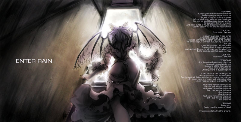 wi-z garage, mystia lorelei, touhou, 1girl, album cover, alternate costume, cover, dress, english text, female focus, fingernails, from behind, long fingernails, solo, stairs, wings