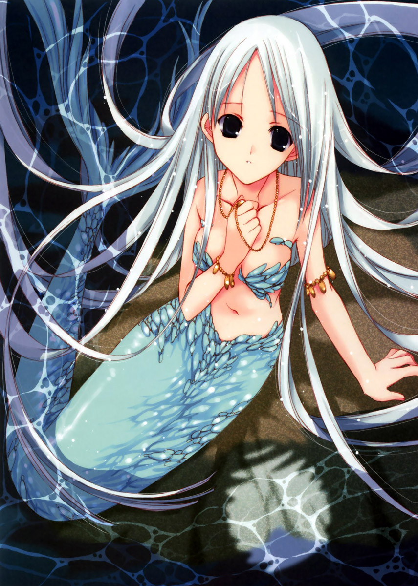 nanase aoi, aquarian age, seven colors of the wind, silver hair, artbook, highres, 00s, 1girl, female focus, jewelry, long hair, mermaid, monster girl, necklace, solo, water, wet