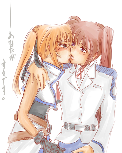 takamachi nanoha, teana lanster, lyrical nanoha, mahou shoujo lyrical nanoha, mahou shoujo lyrical nanoha strikers, lowres, translated, 00s, 2girls, belt, blush, buckle, couple, gloves, jacket, kiss, magical girl, military, military uniform, multiple girls, open clothes, open jacket, orange hair, red hair, side ponytail, twintails, yuri